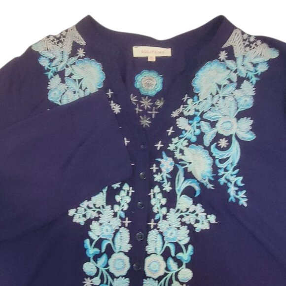 Solitaire Navy Blue Long Sleeve Embroidered Tunic Top XL Rayon Button Roll-Up Sl - Picture 12 of 16